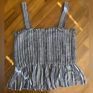 LOFT Smocked Baby Doll Peplum Striped Blue and White Women's Top